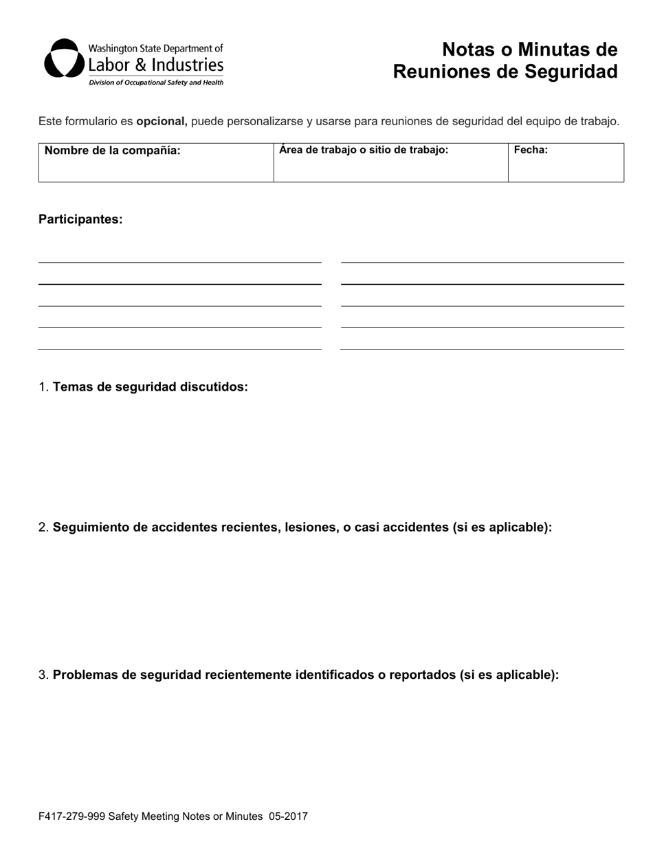 Formulario F417-279-999 Notas O Minutas De Reuniones De Seguridad - Washington (Spanish), Page 1