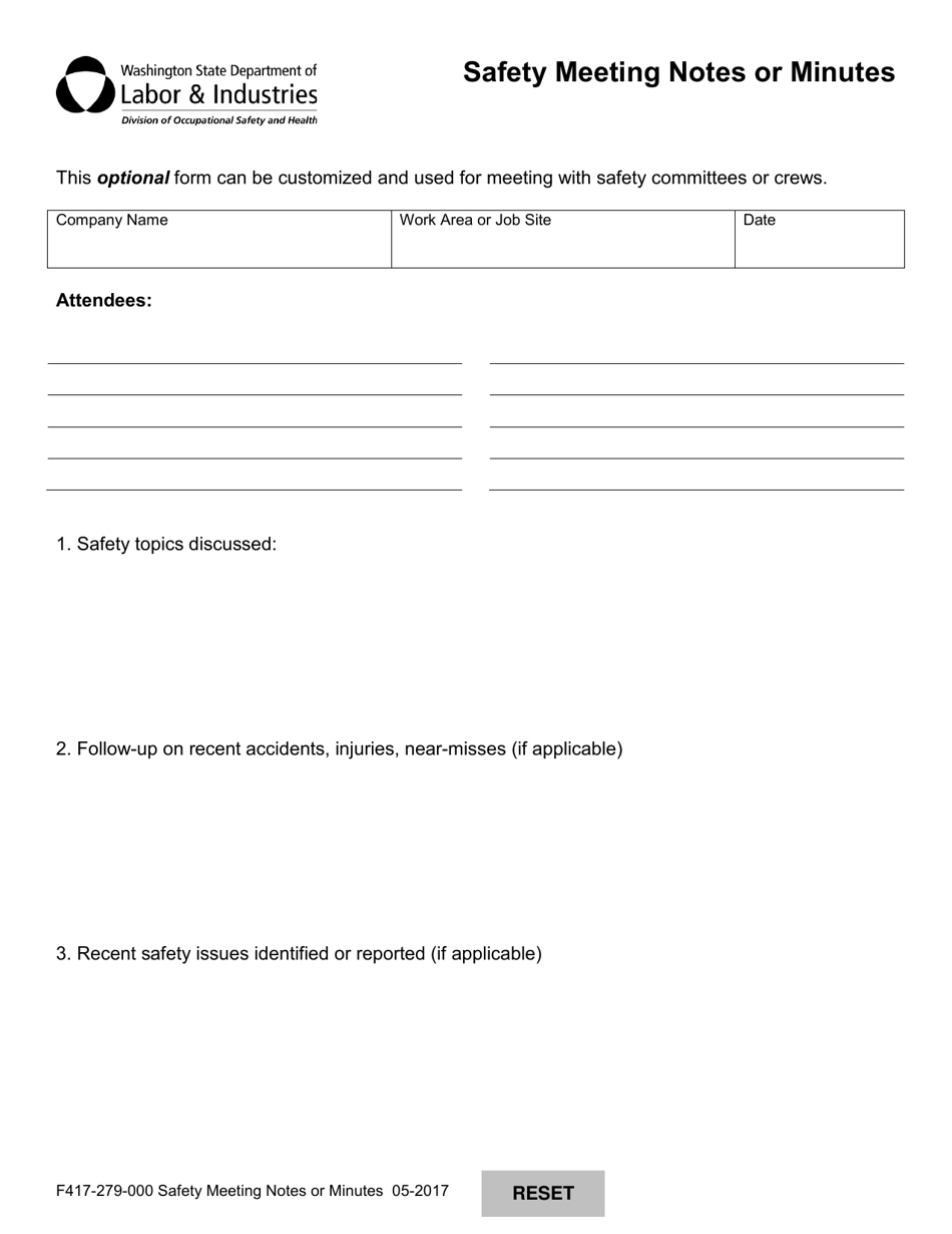 Form F417-279-000 Safety Meeting Notes or Minutes - Washington, Page 1