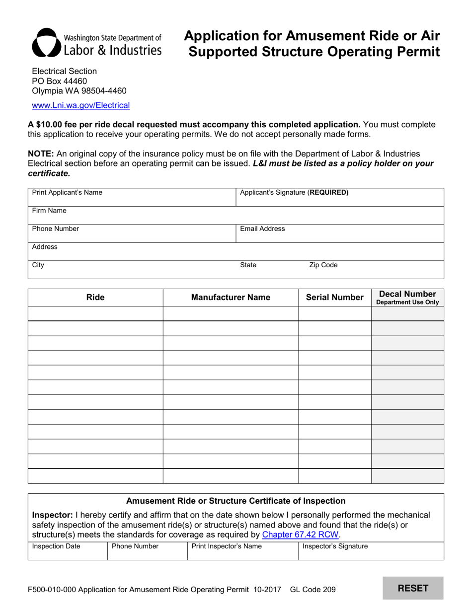 Form F500-010-000 Application for Amusement Ride or Air Supported Structure Operating Permit - Washington, Page 1