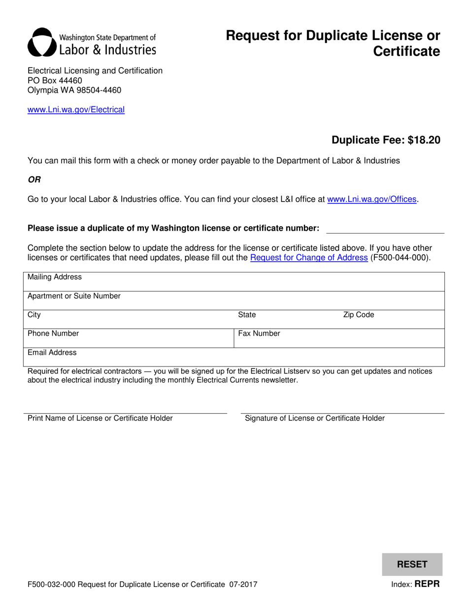 Form F500-032-000 Request for Duplicate or Replacement License or Certificate - Washington, Page 1