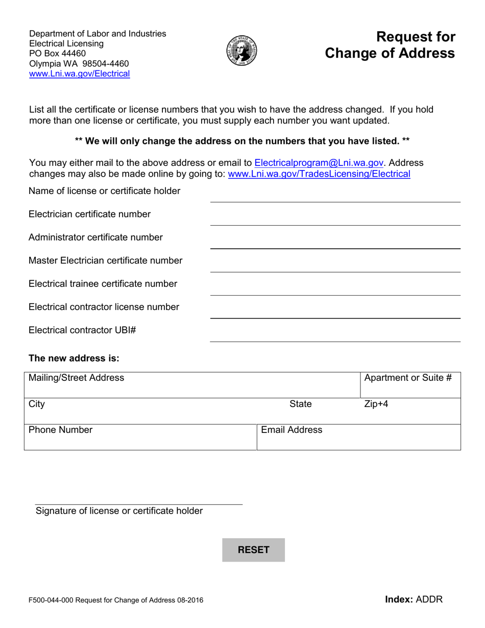 Form F500-044-000 Request for Change of Address - Washington, Page 1