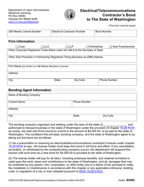 Form F500-019-000 Electrical/Telecommunications Contractor's Bond to the State of Washington - Washington
