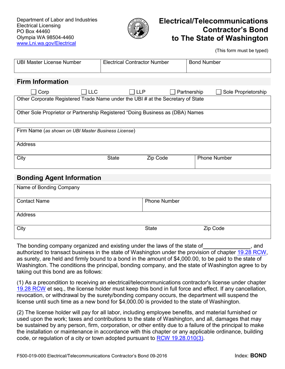 Form F500-019-000 Electrical / Telecommunications Contractors Bond to the State of Washington - Washington, Page 1