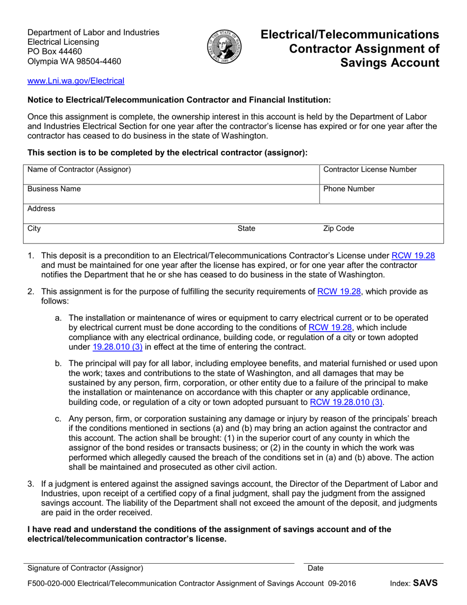 Form F500-020-000 Electrical / Telecommunications Contractor Assignment of Savings Account - Washington, Page 1