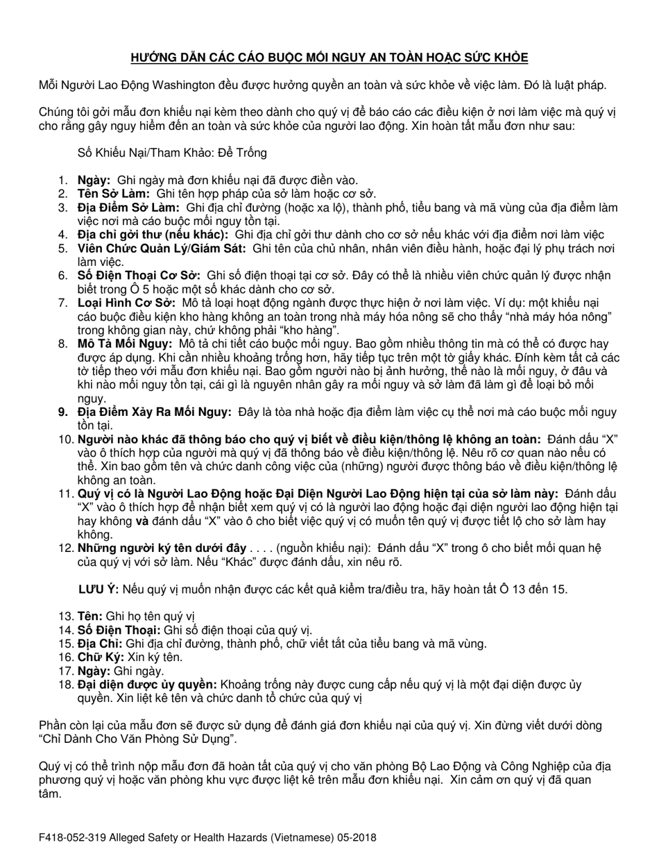 Form F418-052-319 Alleged Safety or Health Hazards - Washington (Vietnamese), Page 2