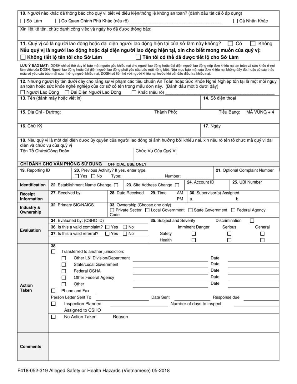 Form F418-052-319 Alleged Safety or Health Hazards - Washington (Vietnamese), Page 4