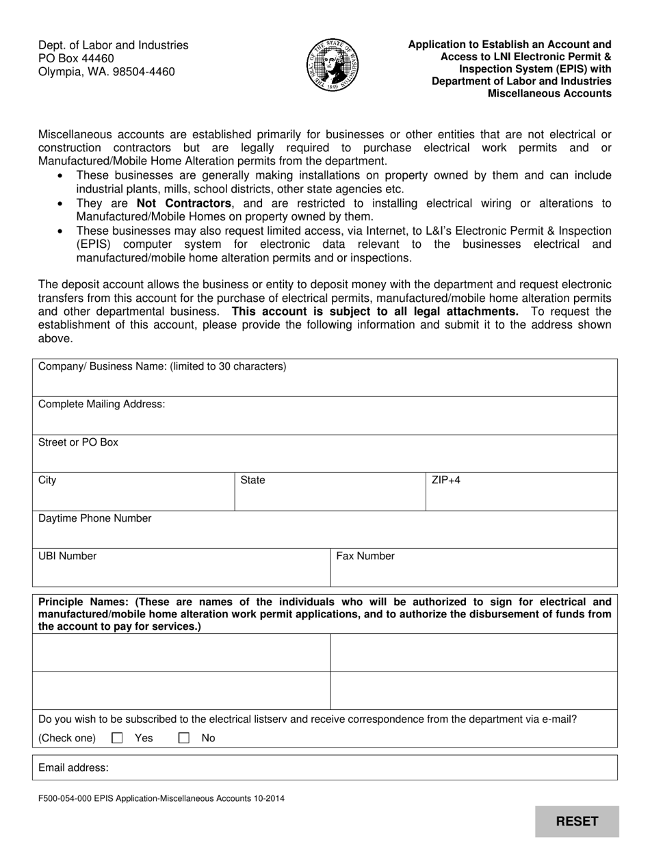 Form F500-054-000 Application to Establish an Account and Access to Lni Electronic Permit  Inspection System (Epis) With Department of Labor and Industries Miscellaneous Accounts - Washington, Page 1
