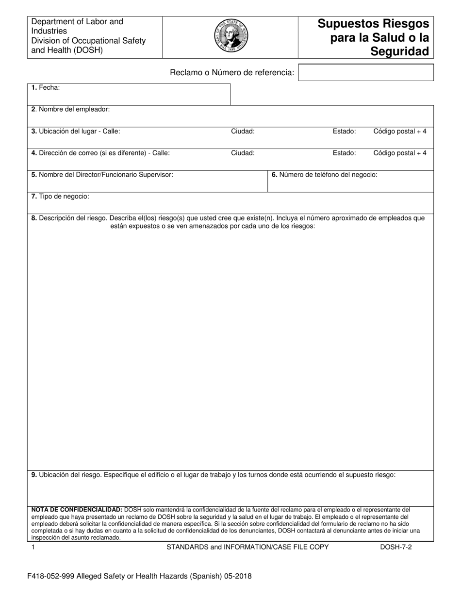 Formulario F418-052-000 Supuestos Riesgos Para La Salud O La Seguridad - Washington (Spanish), Page 3