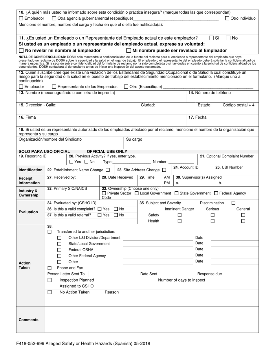 Formulario F418-052-000 Supuestos Riesgos Para La Salud O La Seguridad - Washington (Spanish), Page 4