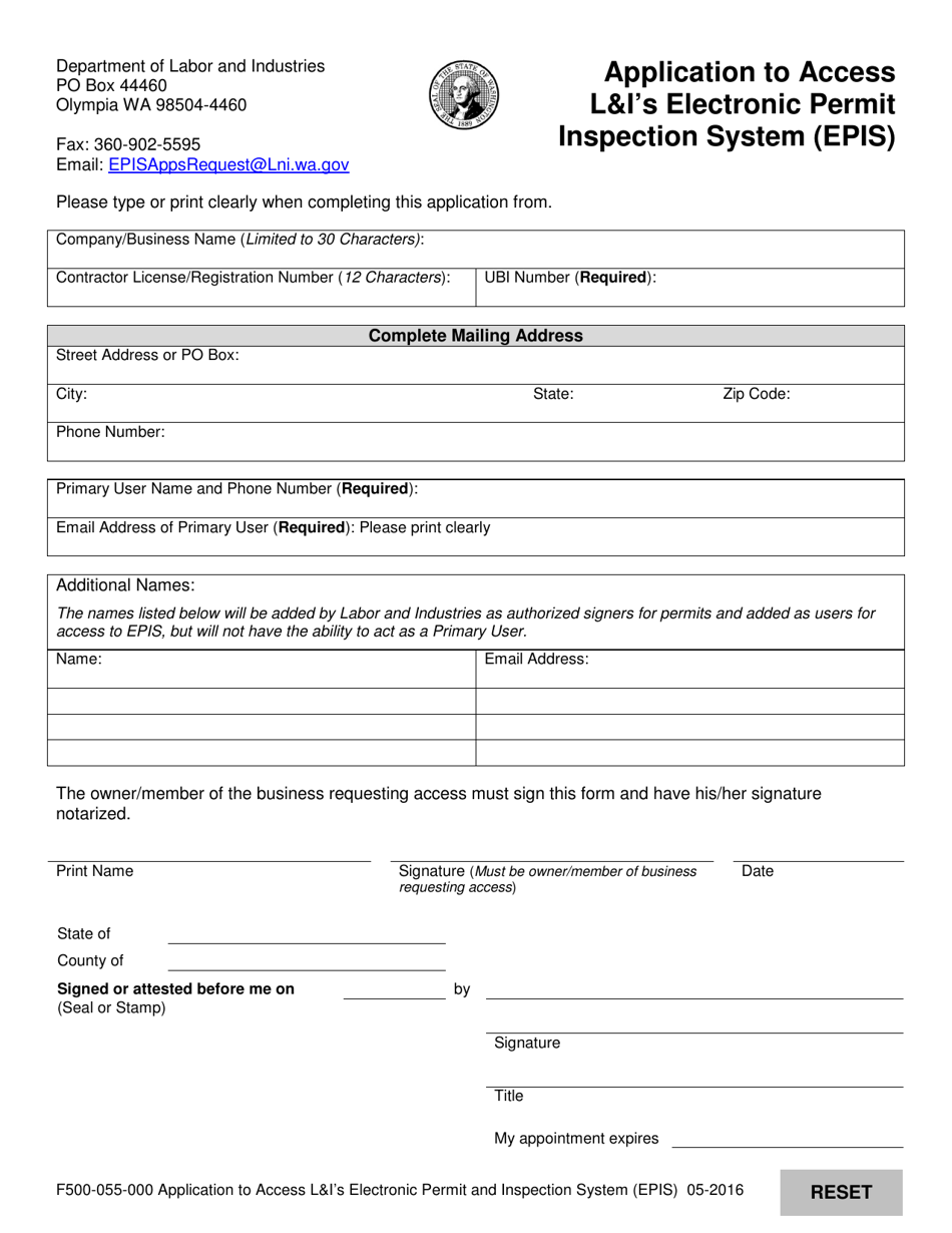 Form F500-055-000 Application to Access Lis Electronic Permit Inspection System (Epis) - Washington, Page 2