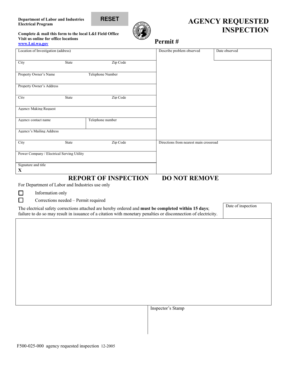 Form F500-025-000 Agency Requested Inspection - Washington, Page 1