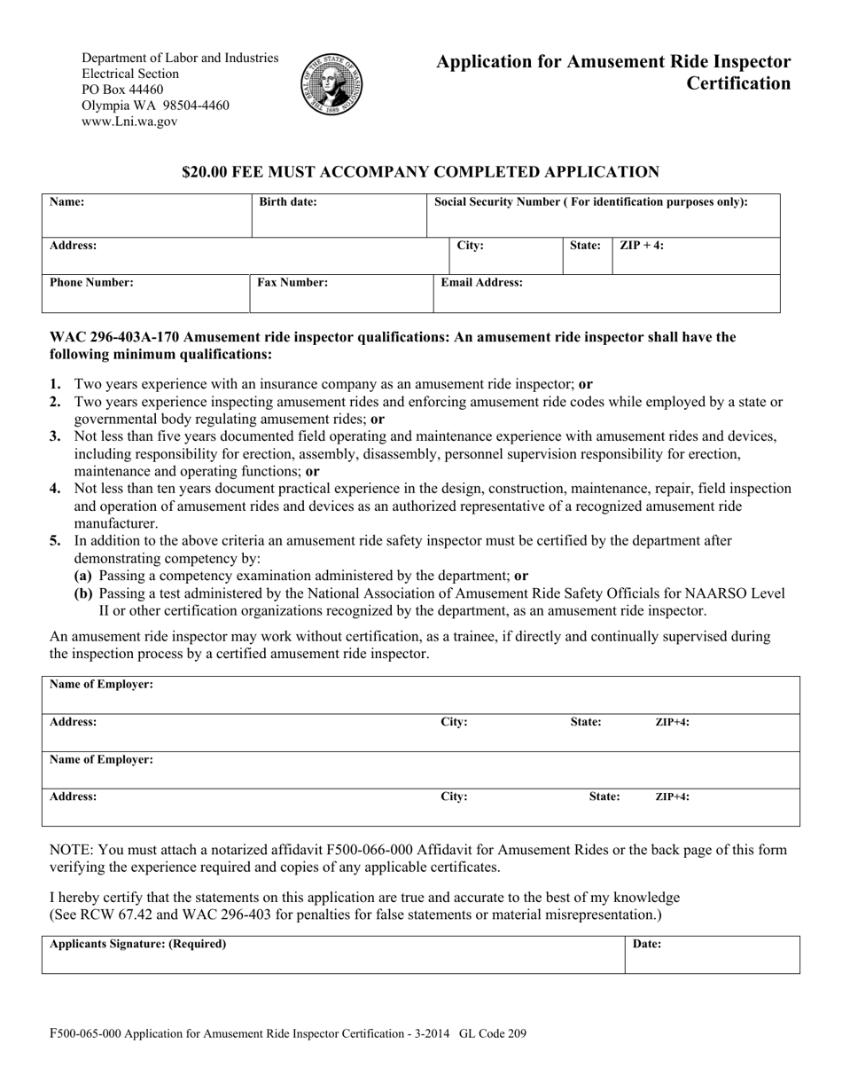 Form F500-065-000 Application for Amusement Ride Inspector Certification - Washington, Page 1