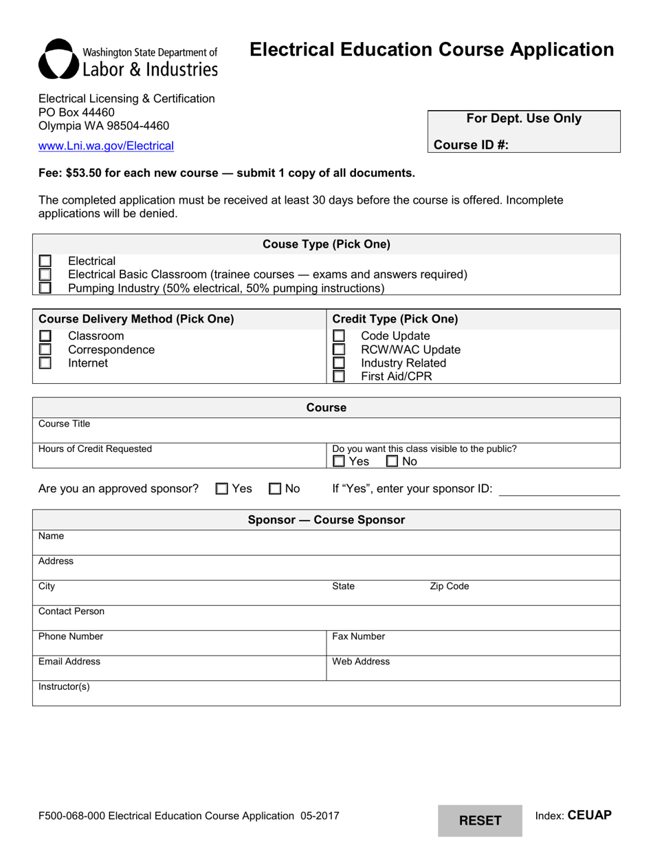 Form F500-068-000 Electrical Education Course Application - Washington, Page 1