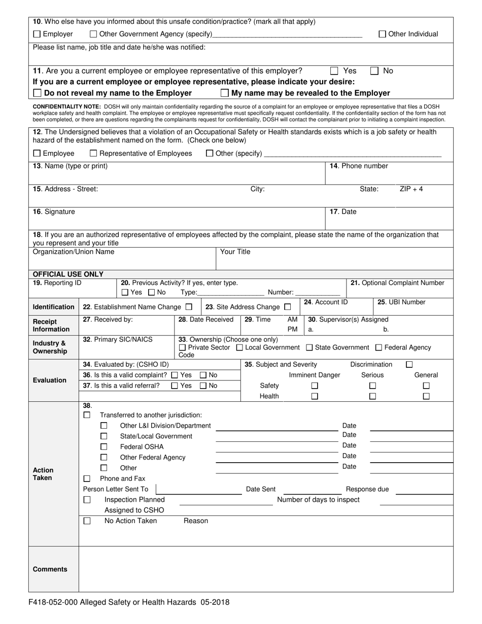 Form F418-052-000 Alleged Safety or Health Hazards - Washington, Page 4