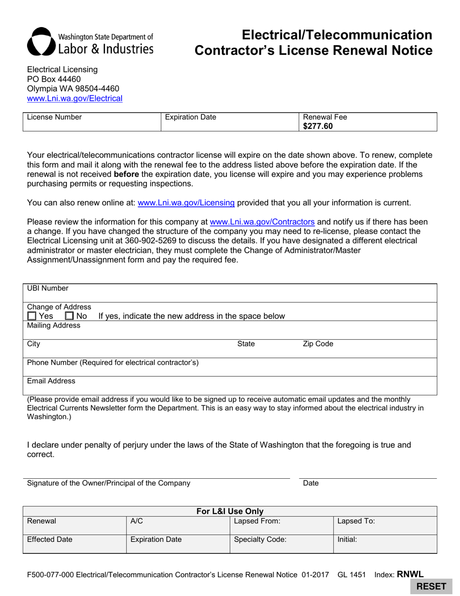 Form F500-077-000 Electrical / Telecommunication Contractors License Renewal Notice - Washington, Page 1