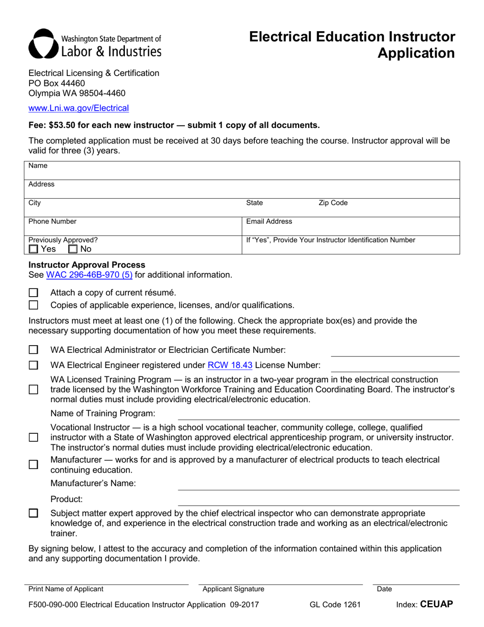 Form F500-090-000 Electrical Education Instructor Application - Washington, Page 1