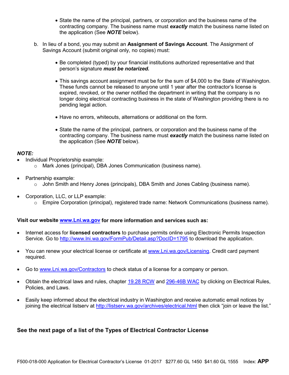 Form F500-018-000 Application for Electrical Contractors License - Washington, Page 2