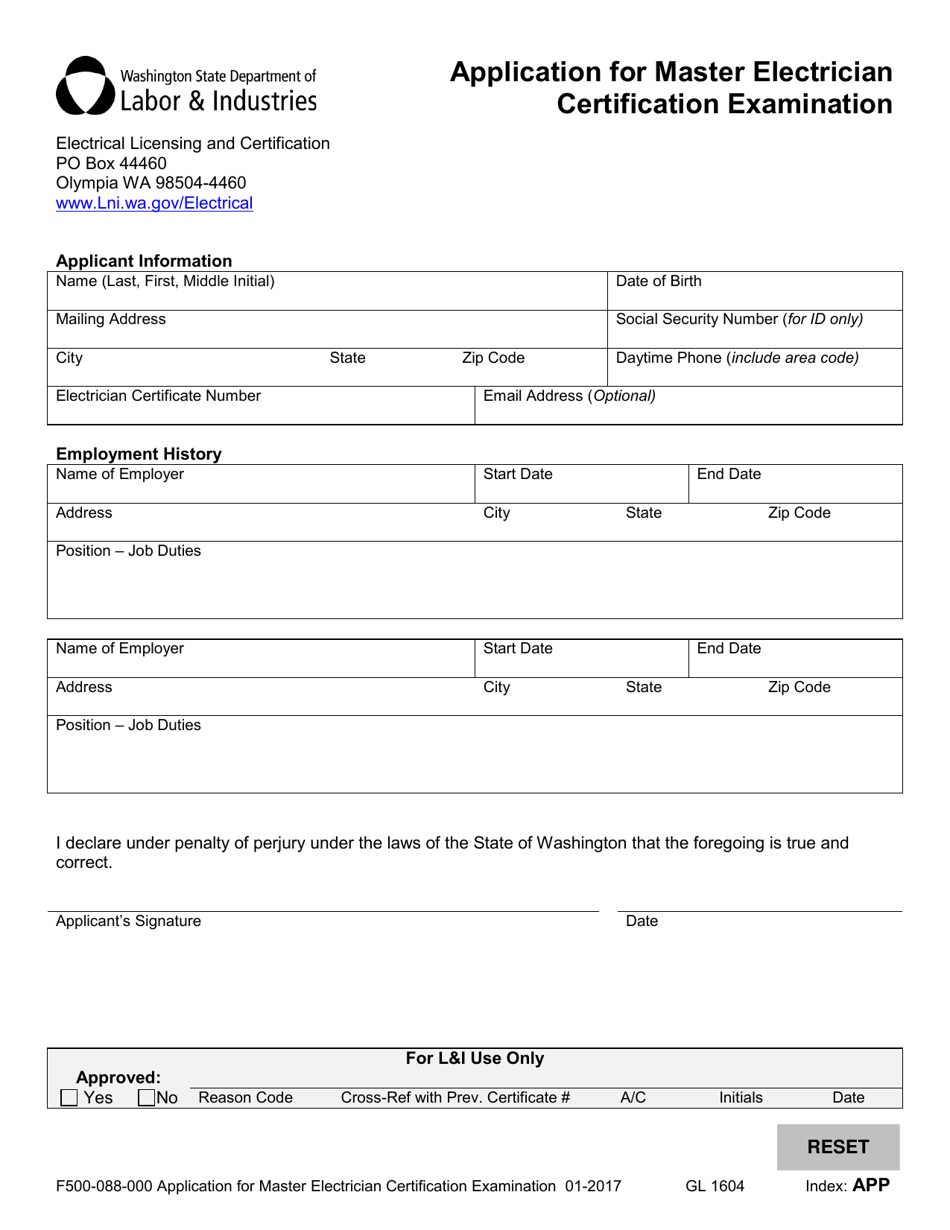 Form F500-088-000 Application for Master Electrician Certification Examination - Washington, Page 2