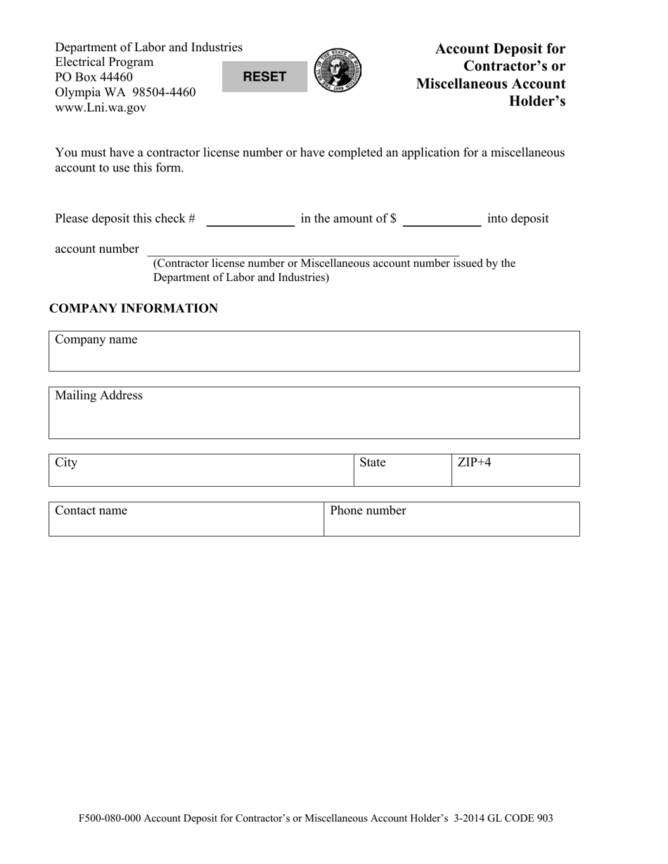 Form F500-080-000 Account Deposit for Contractors or Miscellaneous Account Holders - Washington, Page 1