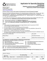 Form F500-098-000 Application for Specialty Electrician Certificate - Washington