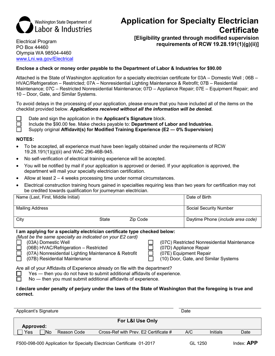 Form F500-098-000 Application for Specialty Electrician Certificate - Washington, Page 1