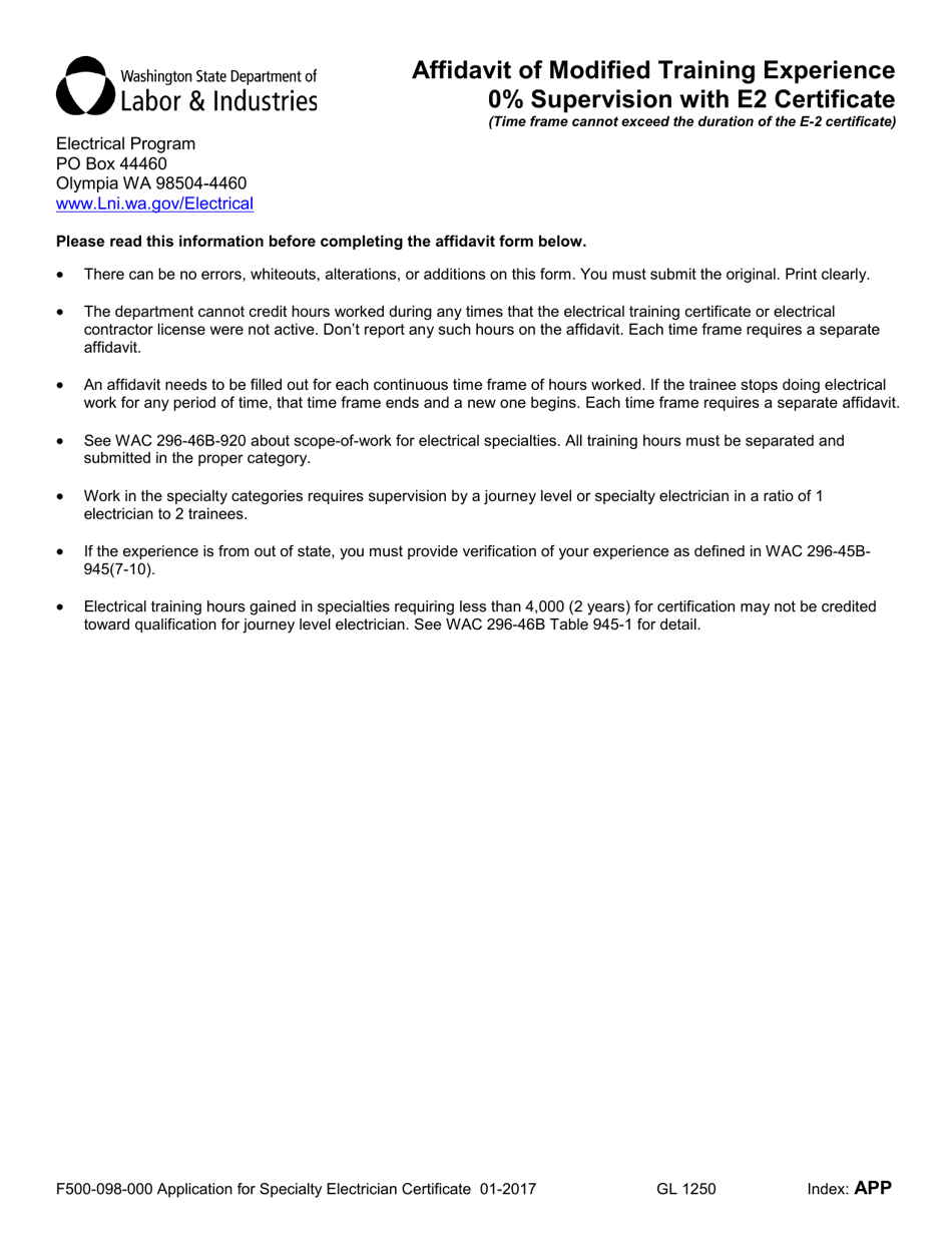 Form F500-098-000 Application for Specialty Electrician Certificate - Washington, Page 2