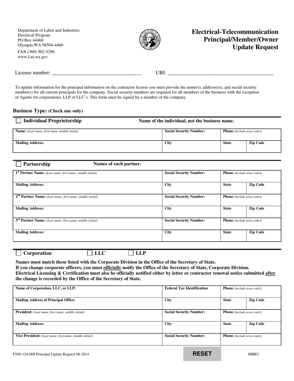Form F500-124-000 Electrical-Telecommunication Principal / Member / Owner Update Request - Washington, Page 1
