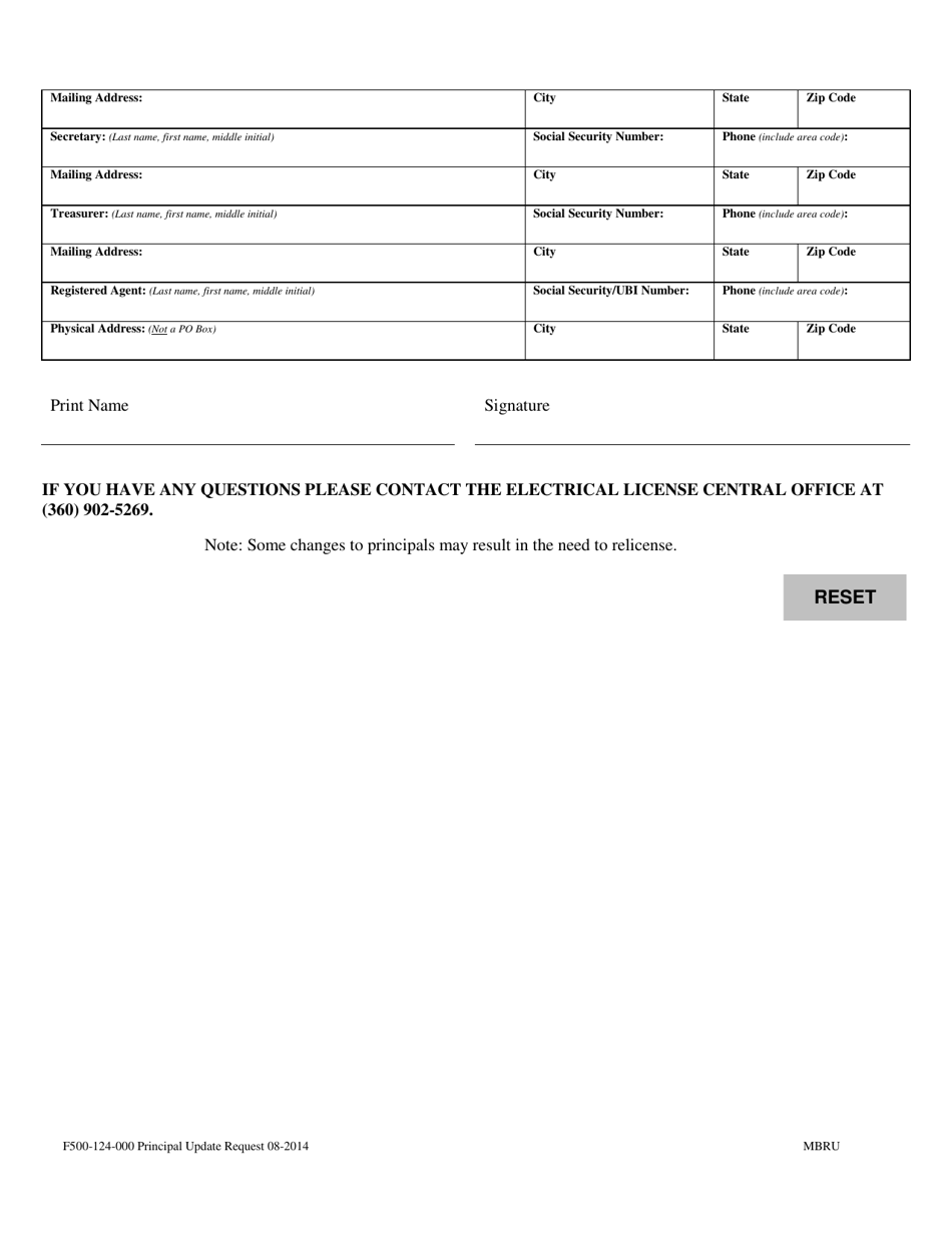 Form F500-124-000 Electrical-Telecommunication Principal / Member / Owner Update Request - Washington, Page 2