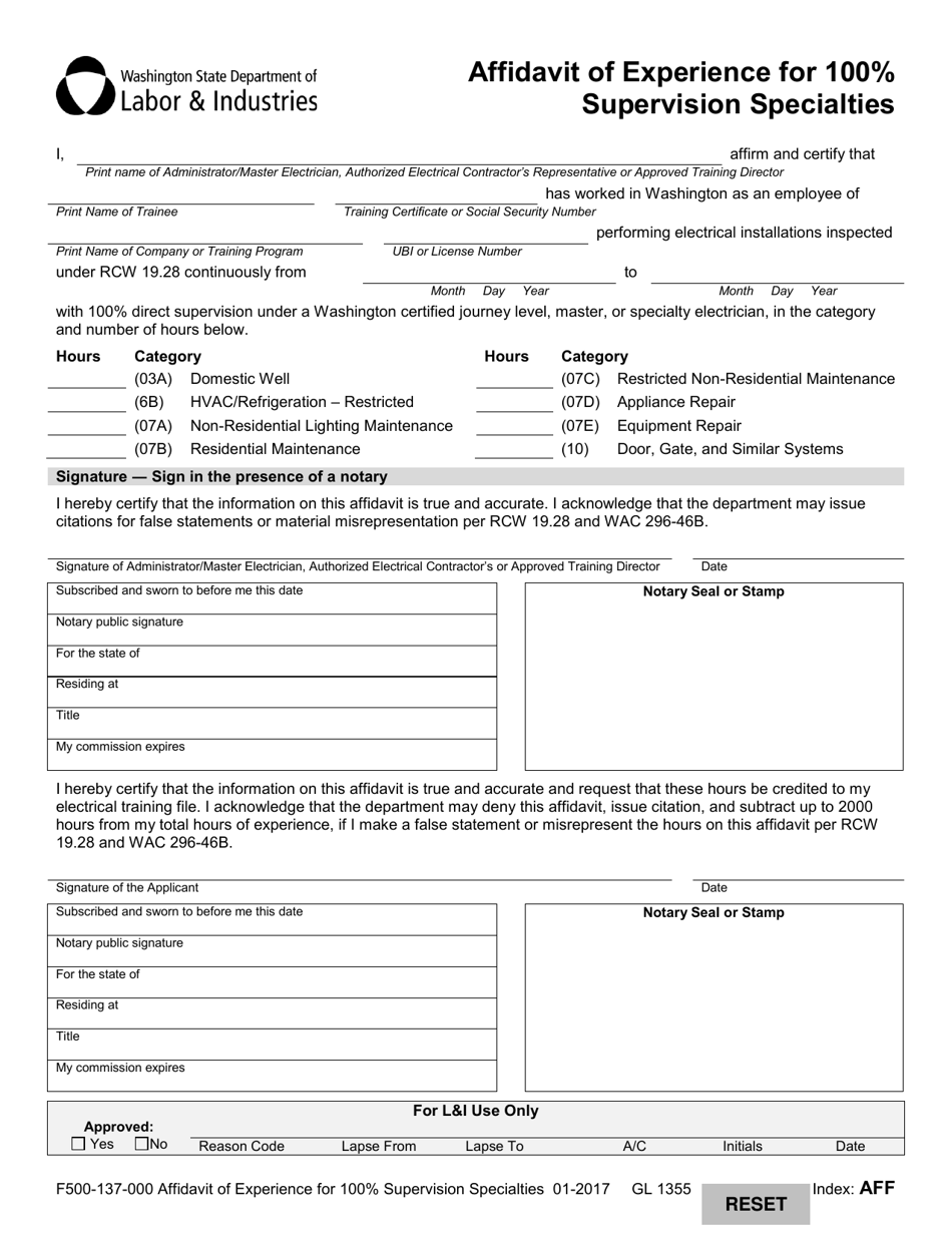 Form F500-137-000 Affidavit of Experience for 100% Supervision Specialties - Washington, Page 2