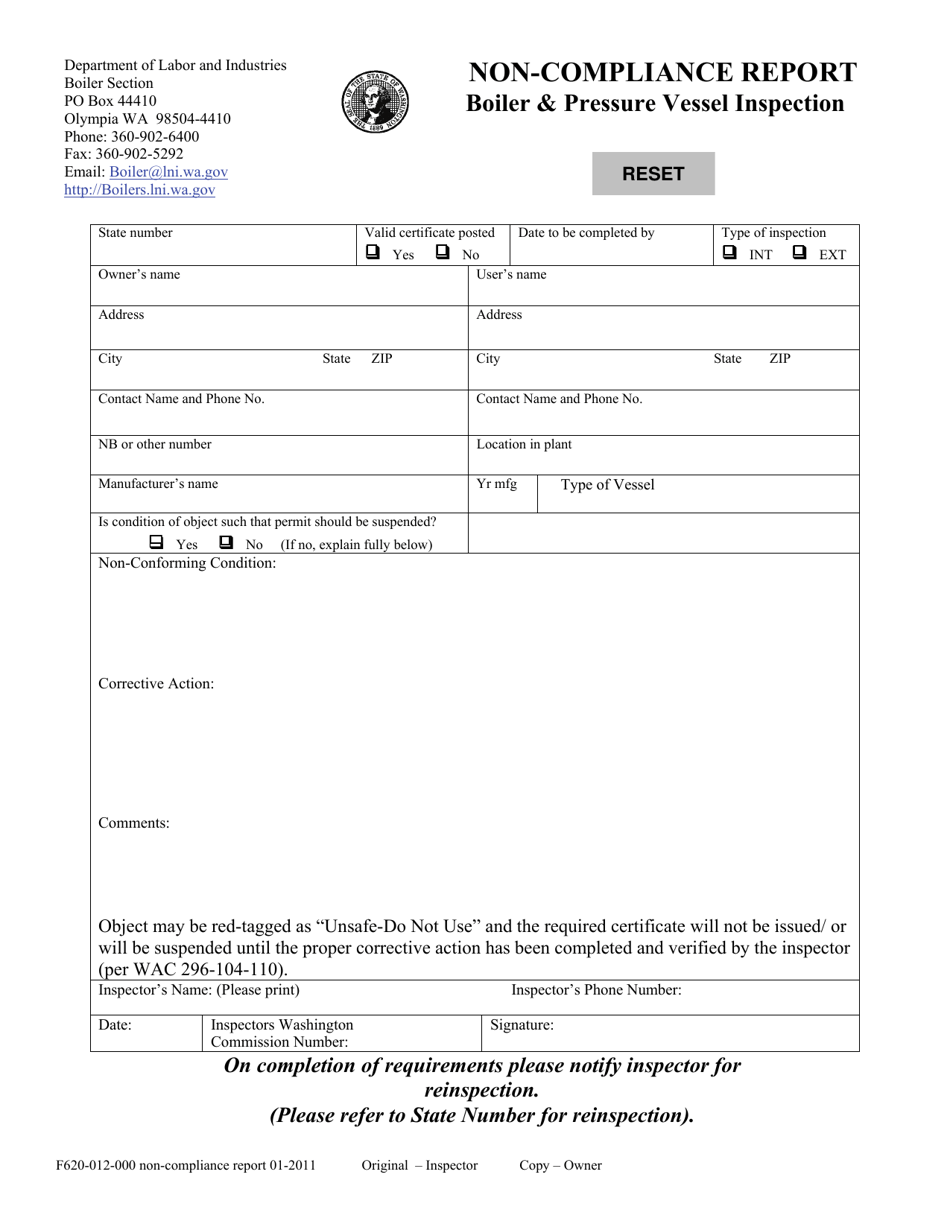 Form F620-012-000 Non-compliance Report - Boiler  Pressure Vessel Inspection - Washington, Page 1