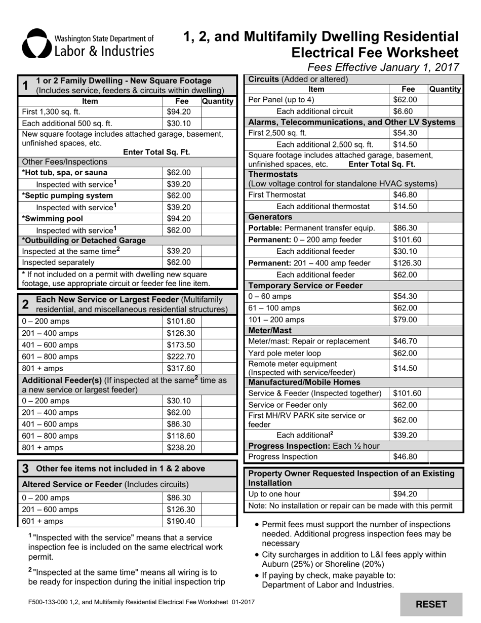 Form F500-133-000 1, 2, and Multifamily Dwelling Residential Electrical Fee Worksheet - Washington, Page 1