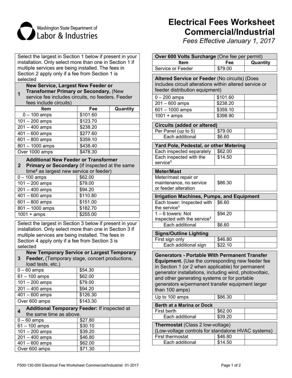 Form F500-130-000 Electrical Fees Worksheet Commercial / Industrial - Washington, Page 1