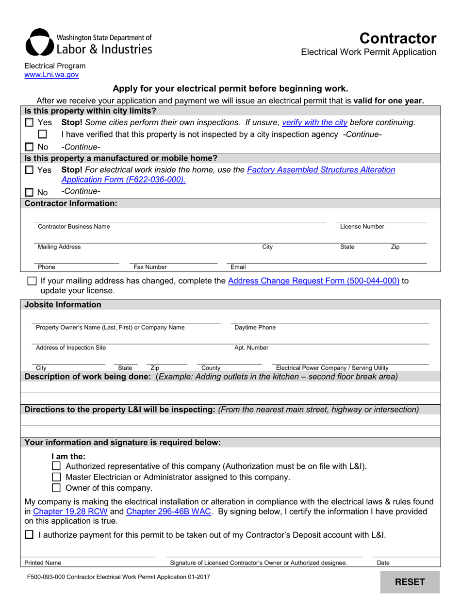 Form F500-093-000 Contractor Electrical Work Permit Application - Washington, Page 1
