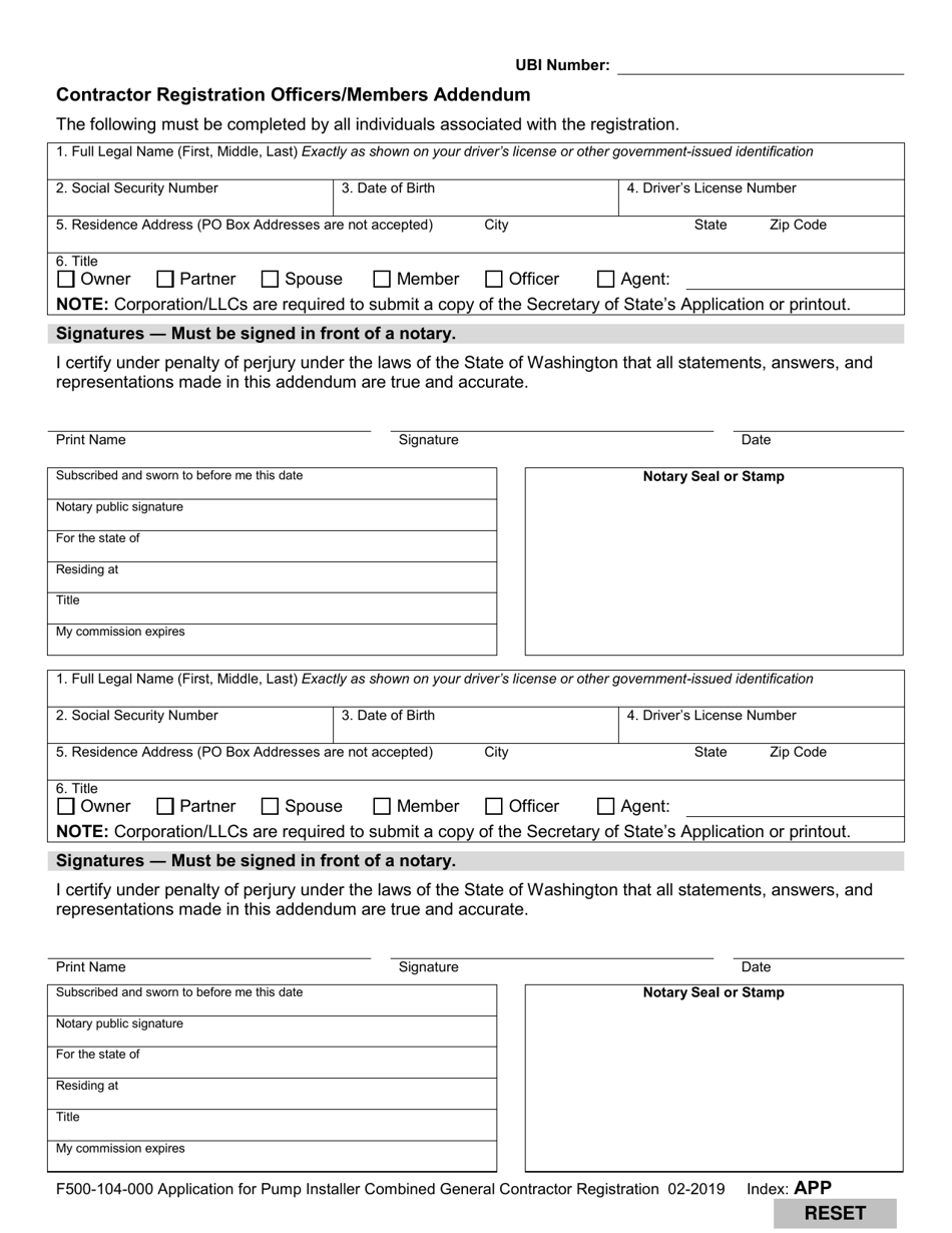 Form F500-104-000 Application for Pump Installer Combination General Contractor Registration and Electrical Contractor License - Washington, Page 5