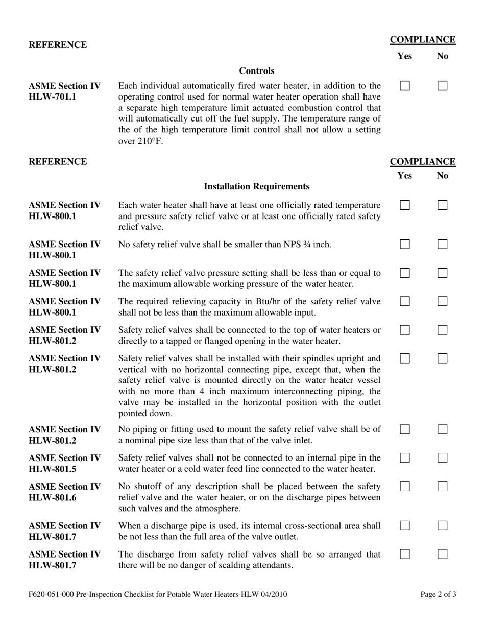 Form F620-051-000 Pre-inspection Checklist for Potable Water Heaters - Asme hlw Stamped Water Heaters - Washington, Page 2