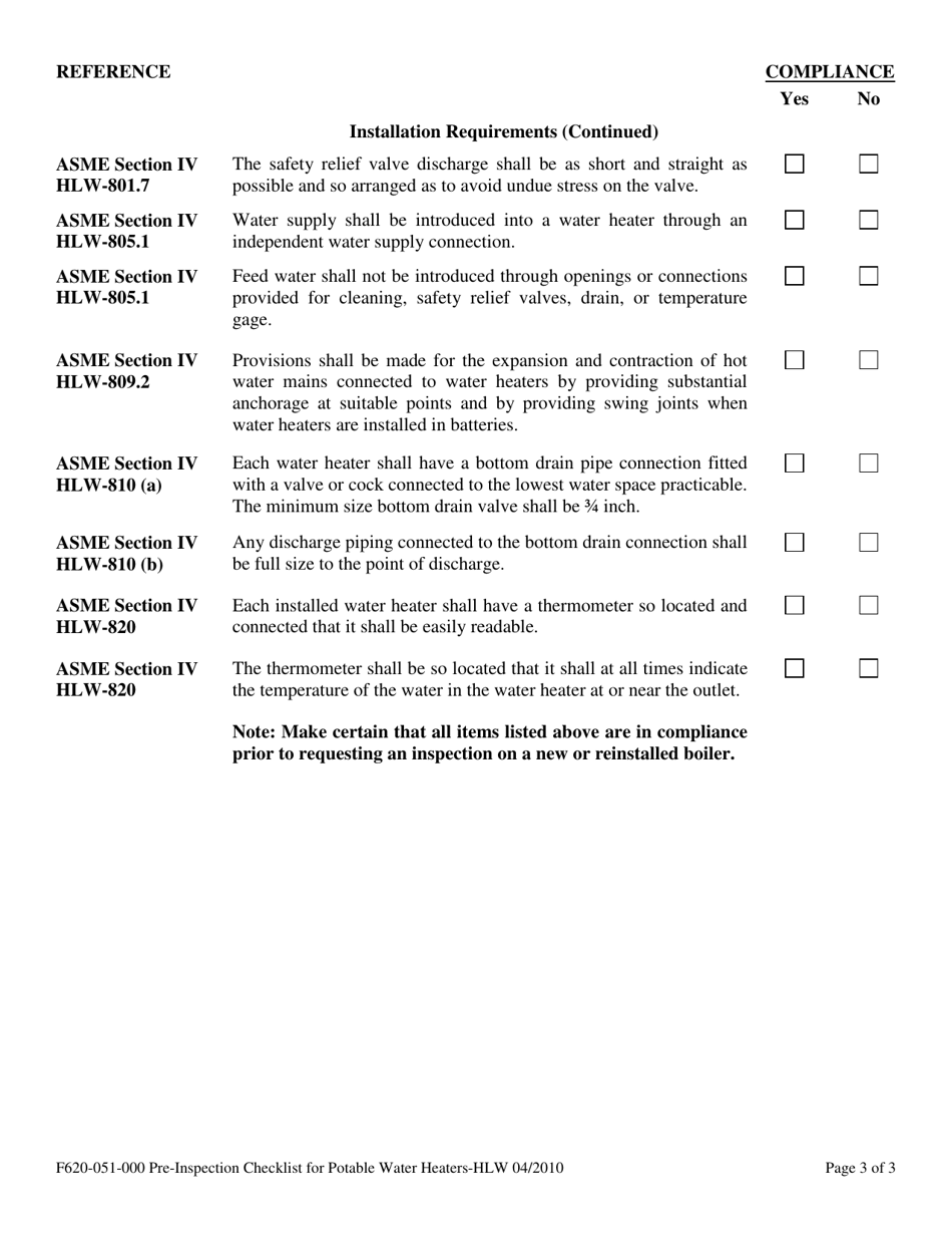 Form F620-051-000 Pre-inspection Checklist for Potable Water Heaters - Asme hlw Stamped Water Heaters - Washington, Page 3
