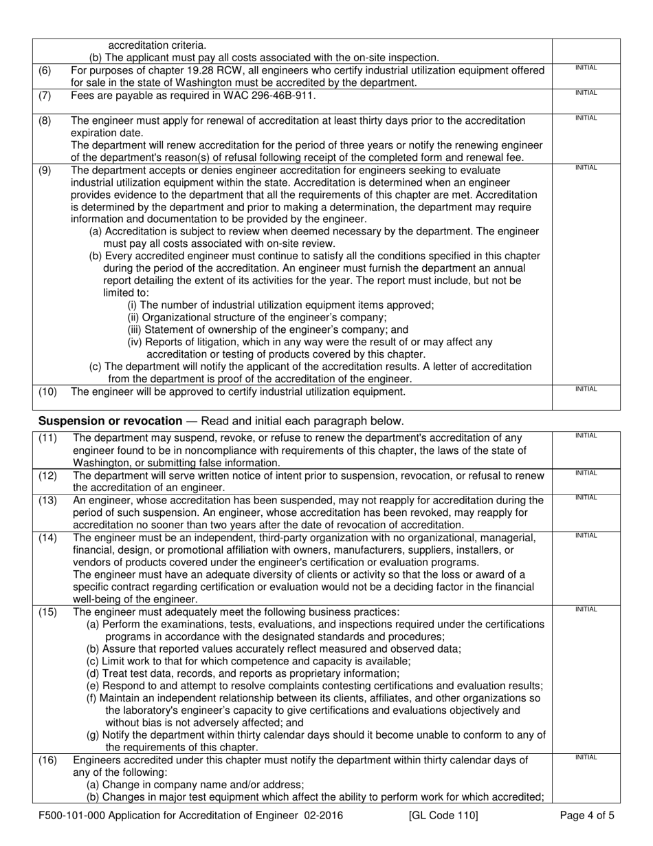 Form F500-101-000 Application for Accreditation of Engineer to Approve Industrial Utilization Equipment - Washington, Page 4