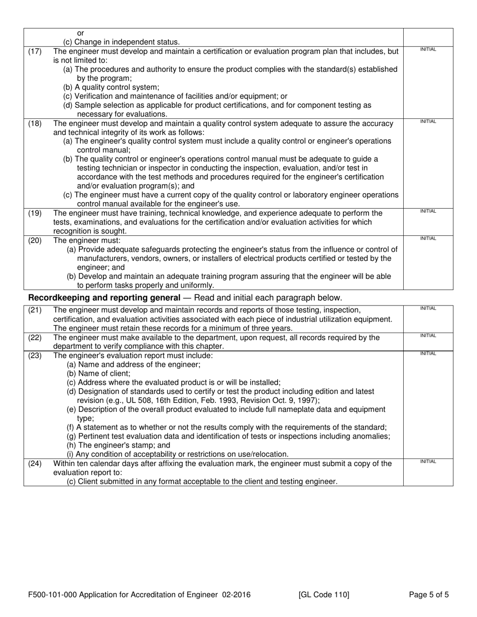 Form F500-101-000 Application for Accreditation of Engineer to Approve Industrial Utilization Equipment - Washington, Page 5