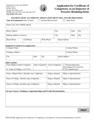 Form F620-040-000 Application for Certificate of Competency as an Inspector of Pressure Retaining Items - Washington