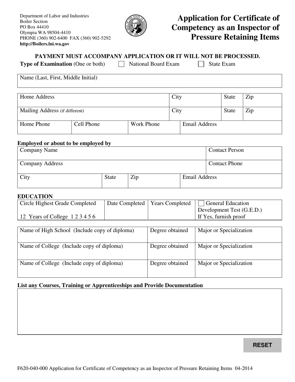 Form F620-040-000 Application for Certificate of Competency as an Inspector of Pressure Retaining Items - Washington, Page 1