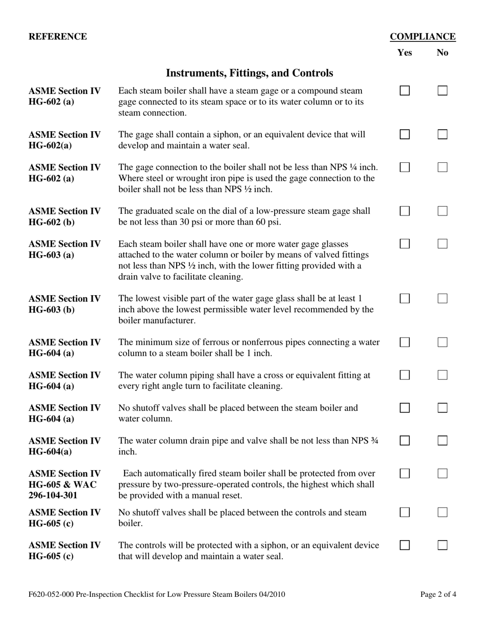 Form F620-052-000 Pre-inspection Checklist for Low Pressure Steam Boilers - Washington, Page 2