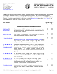 Form F620-050-000 Pre-inspection Checklist for Hot Water Heating or Hot Water Supply Boilers - Washington