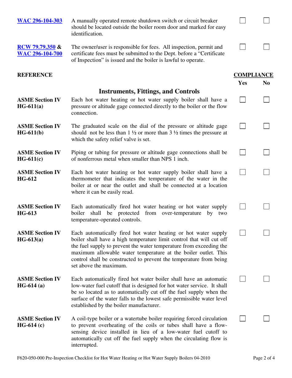 Form F620-050-000 Pre-inspection Checklist for Hot Water Heating or Hot Water Supply Boilers - Washington, Page 2