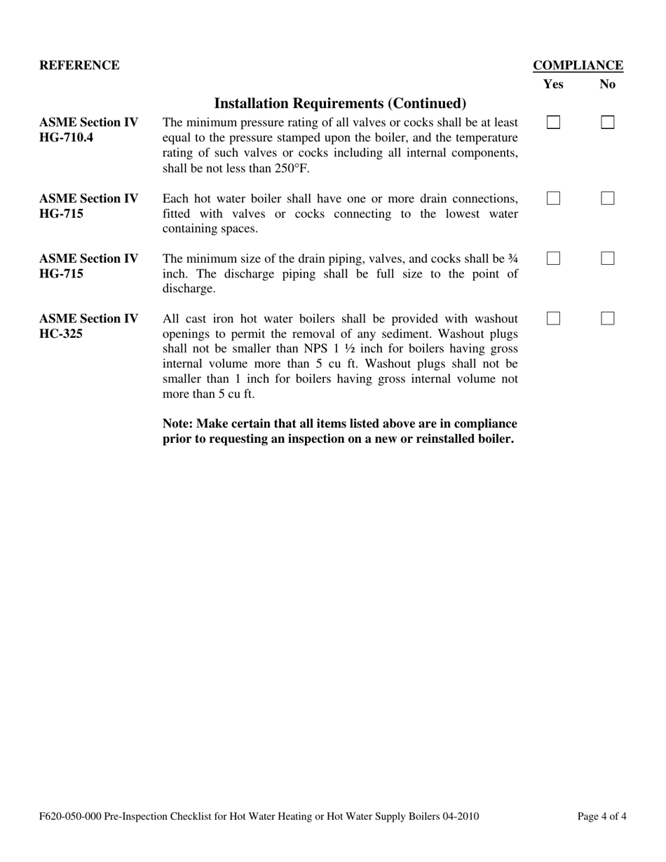 Form F620-050-000 Pre-inspection Checklist for Hot Water Heating or Hot Water Supply Boilers - Washington, Page 4