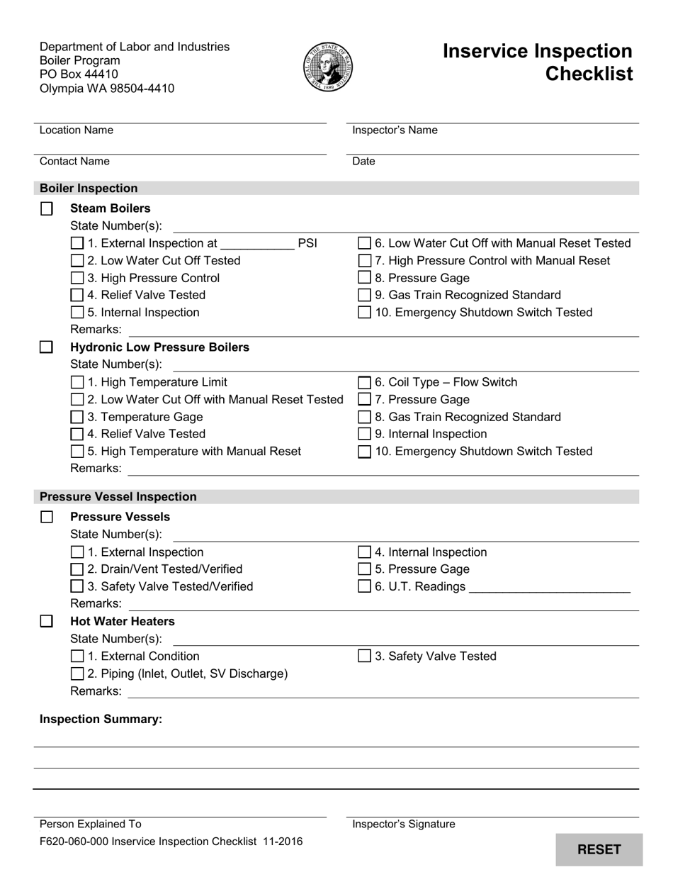 Form F620-060-000 Inservice Inspection Checklist - Washington, Page 1