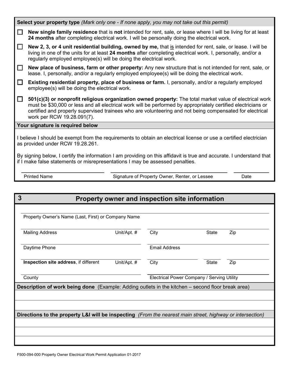 Form F500-094-000 Property Owner Electrical Work Permit Application - Washington, Page 2