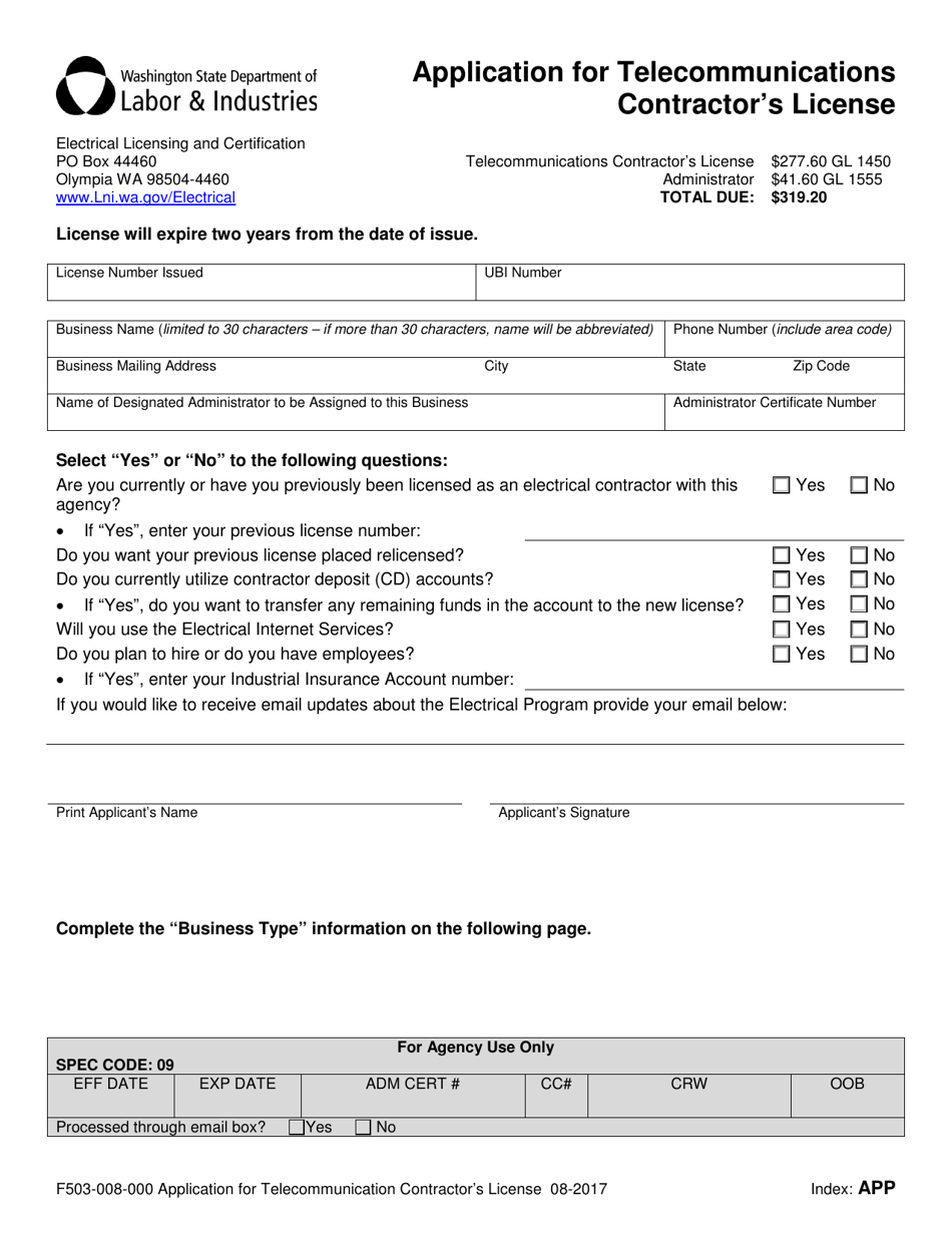 Form F503-008-000 Application for Telecommunications Contractors License - Washington, Page 3