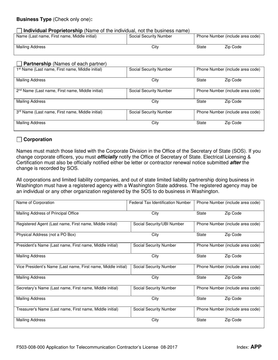 Form F503-008-000 Application for Telecommunications Contractors License - Washington, Page 4