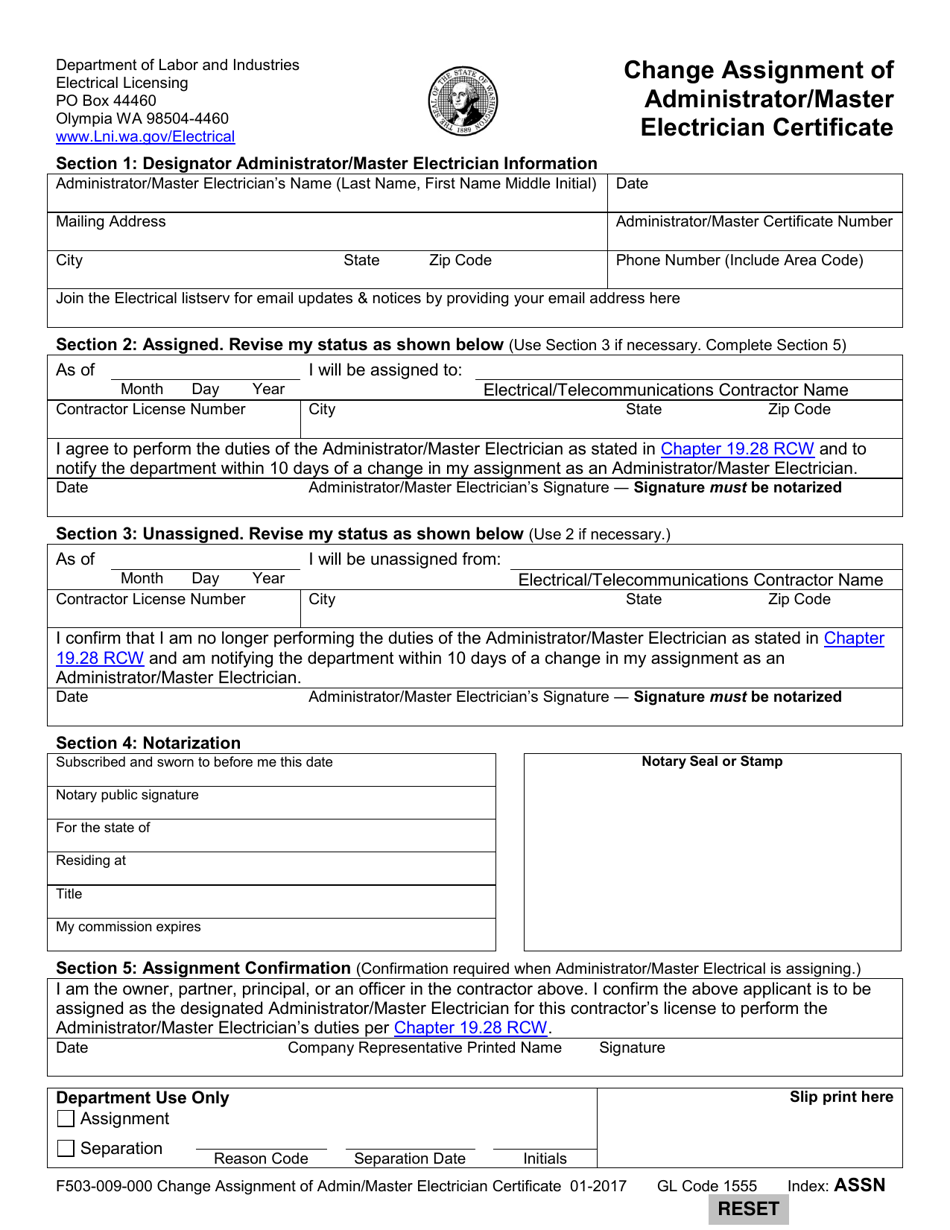 Form F503-009-000 Change Assignment of Administrator / Master Electrician Certificate - Washington, Page 2