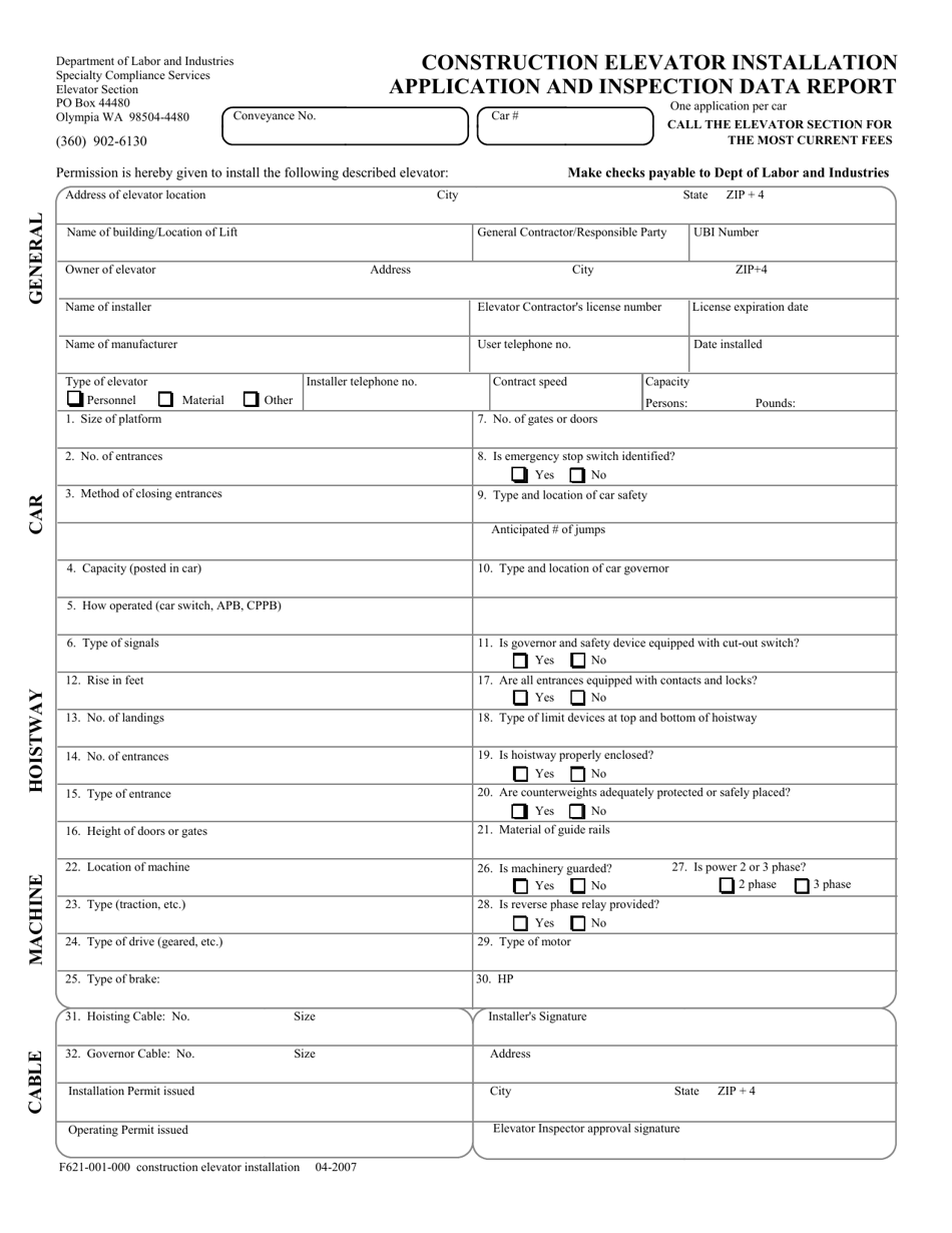 Form F621-001-000 Construction Elevator Installation Application and Inspection Data Report - Washington, Page 1